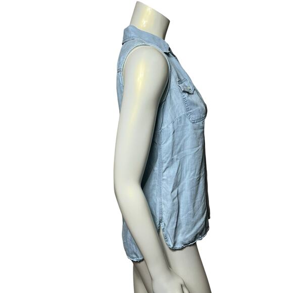 Talbots Chambray Sleeveless Button-Up Safari Utility Blouse Top Size 2 Blue - Picture 4 of 7